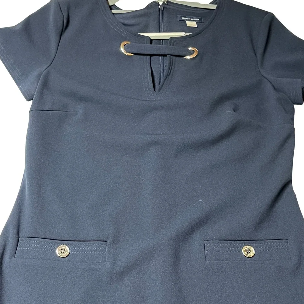 Tommy‎ Hilfiger Navy Blue Sheath Dress Gold Hardware Keyhole Neck Pockets Size 8